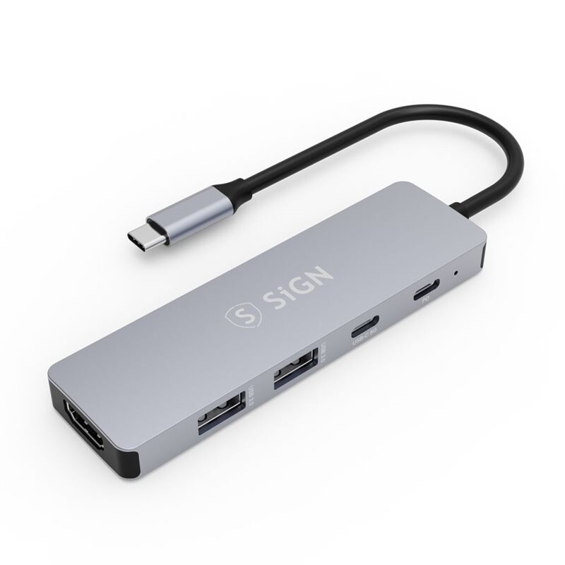 SiGN 5-in-1 hub USB-C naar 2x USB-A + HDMI + USB-C + PD Grijs