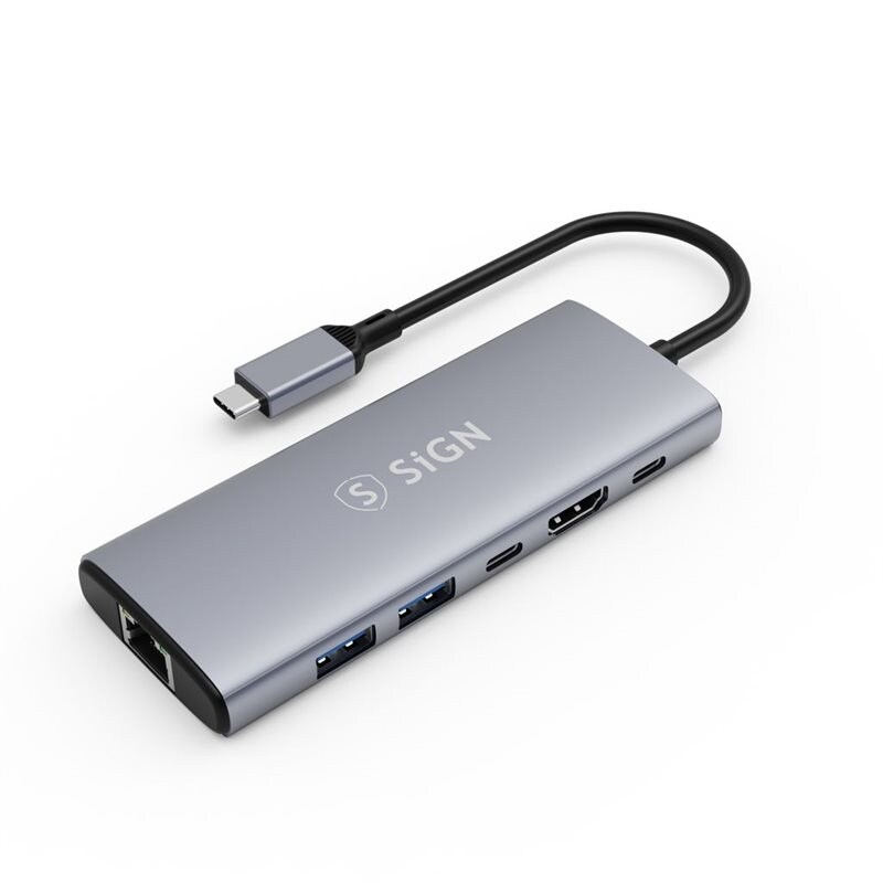 SiGN 6-in-1 hub USB-C naar 2x USB-A + Ethernet + HDMI + USB-C + PD Grijs