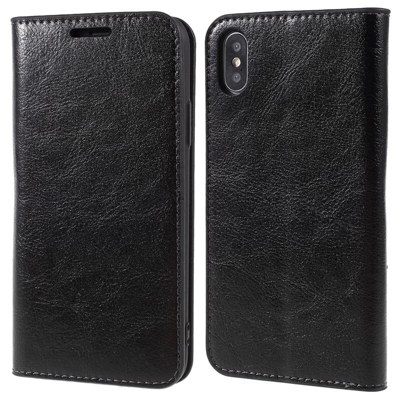 iPhone X/XS Mobielhoesje Echt Leer Zwart - Dun hoesje met kaartvak en standaardfunctie