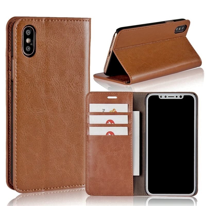 iPhone X/XS Mobielhoesje Echt Leer Bruin - Dun hoesje met kaartvak en standaardfunctie