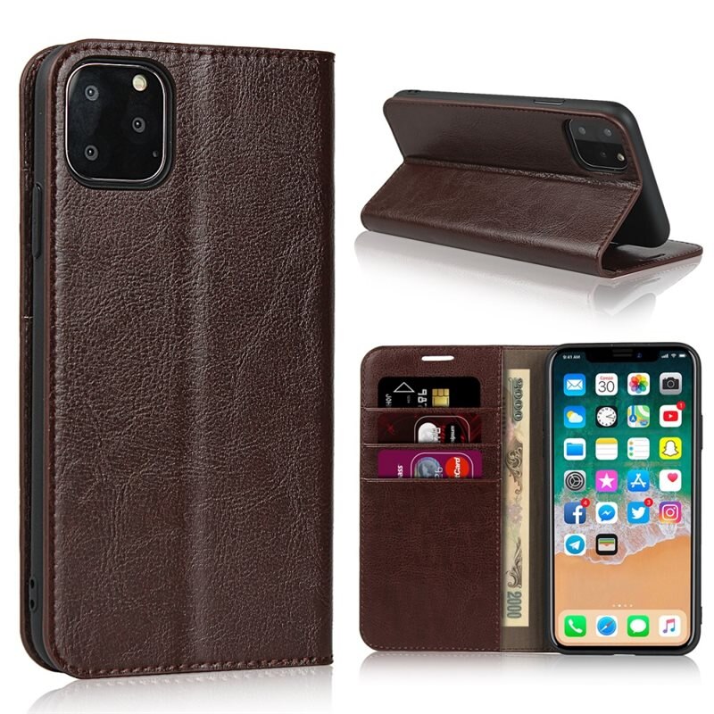 iPhone 11 Pro Mobielhoesje Echt Leer Donkerbruin - Dun hoesje met kaartvak en standaardfunctie