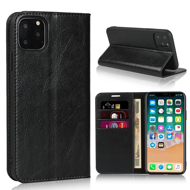 iPhone 11 Pro Mobielhoesje Echt Leer Zwart - Dun hoesje met kaartvak en standaardfunctie
