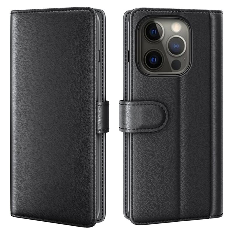 iPhone 13 Pro Max Echt lederen hoesje Zwart - Klassiek boekhoesje met plek voor briefgeld en pasjes