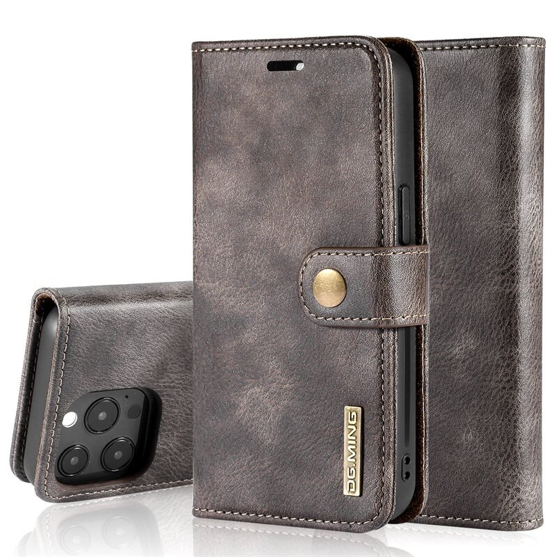 DG.MING Magnet Wallet iPhone 13 Pro Max Brown - Stijlvol lederen boekhoesje met afneembaar magnetisch binnenhoesje