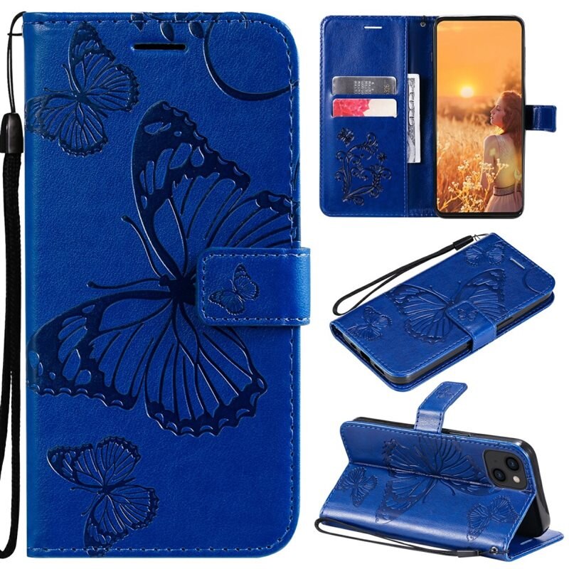 iPhone 13 Mini Leren vlinderhoesje Blauw - Mooi telefoonhoesje met patroontje
