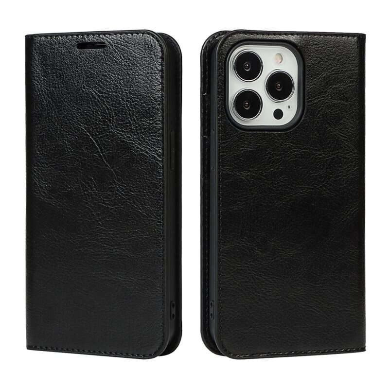 iPhone 12/iPhone 12 Pro Mobielhoesje Echt Leer Zwart - Dun hoesje met kaartvak en standaardfunctie