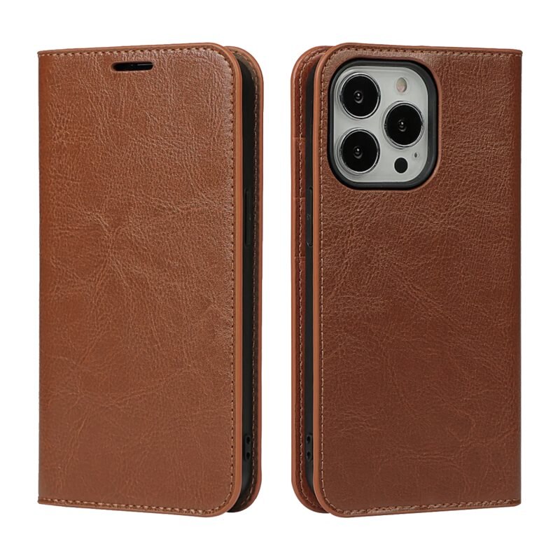 iPhone 13 Pro Mobielhoesje Echt Leer Bruin - Dun hoesje met kaartvak en standaardfunctie