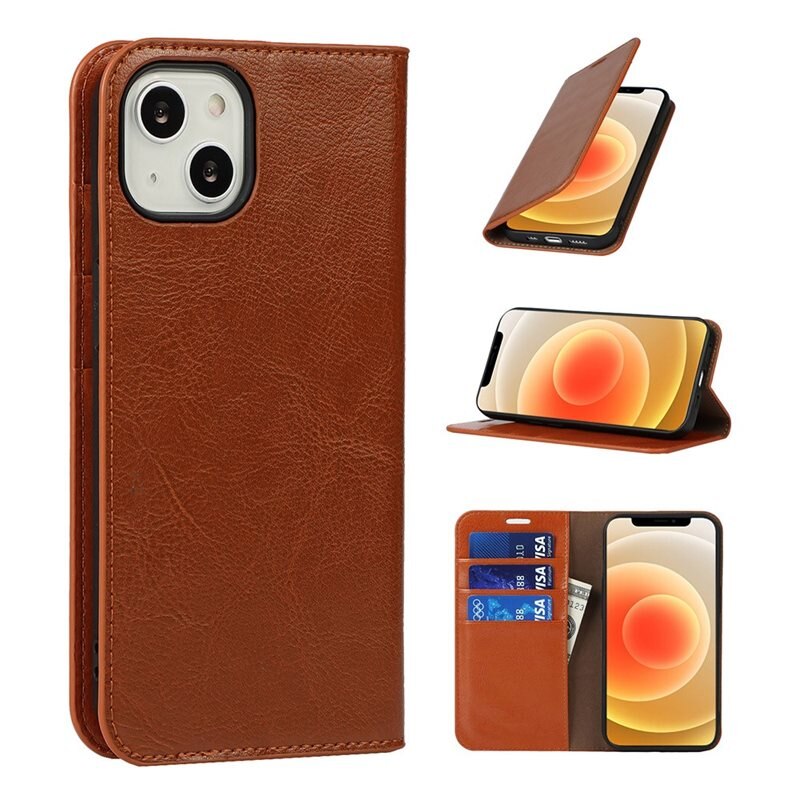 iPhone 13 Mobielhoesje Echt Leer Bruin - Dun hoesje met kaartvak en standaardfunctie