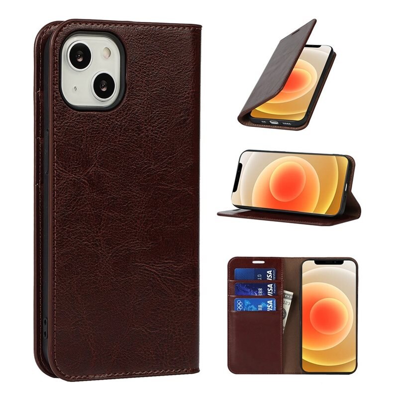 iPhone 13 Mobielhoesje Echt Leer Donkerbruin - Dun hoesje met kaartvak en standaardfunctie