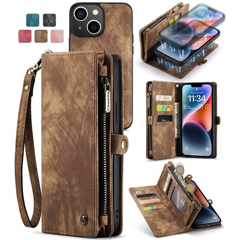 CaseMe Multi-slot Hoesje iPhone 13 Bruin - Telefoonhoesje met plek voor extra veel pasjes - Pasjeshouder