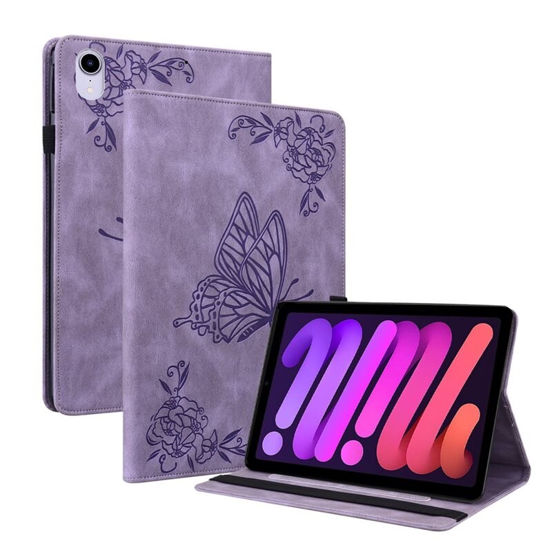 Apple iPad Mini 7th Gen (2024) Leren vlinderhoesje Paars - Beschermende tablethoes met mooie print