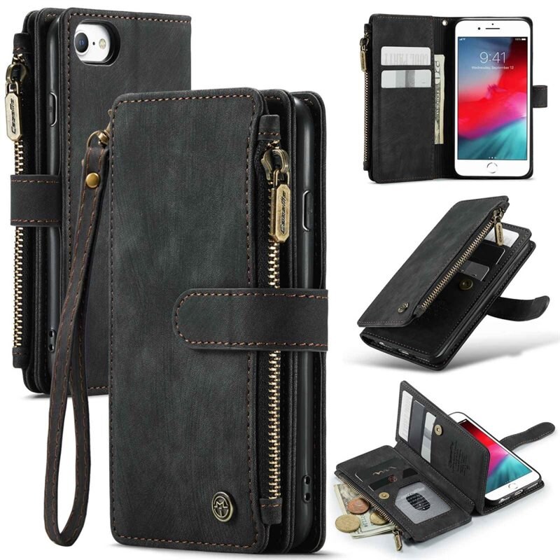 CaseMe Bookcover hoesje Rits iPhone 6/6S Zwart - Telefoonhoesje met portemonnee - Plek voor pasjes, muntgeld en briefgeld