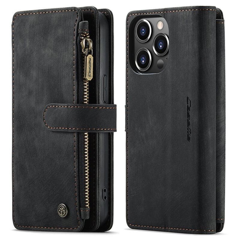 CaseMe Bookcover hoesje Rits iPhone 13 Pro Zwart - Telefoonhoesje met portemonnee - Plek voor pasjes, muntgeld en briefgeld
