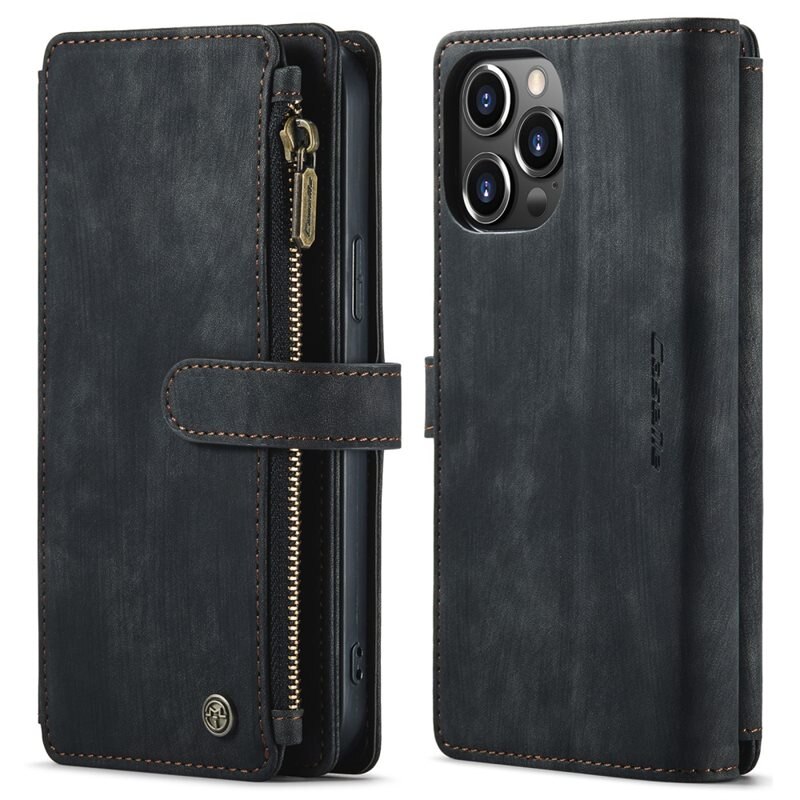 CaseMe Bookcover hoesje Rits iPhone 13 Pro Max Zwart - Telefoonhoesje met portemonnee - Plek voor pasjes, muntgeld en briefgeld
