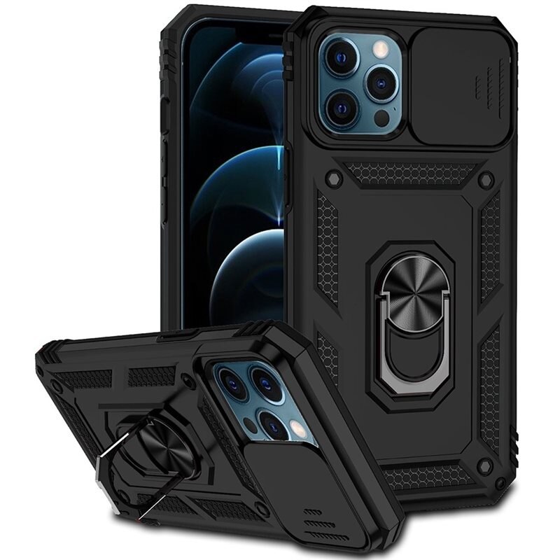 iPhone 12 Pro Max Hybridcase Ring + Camera Protector Zwart - Cool hoesje met gripring en cameraluikje