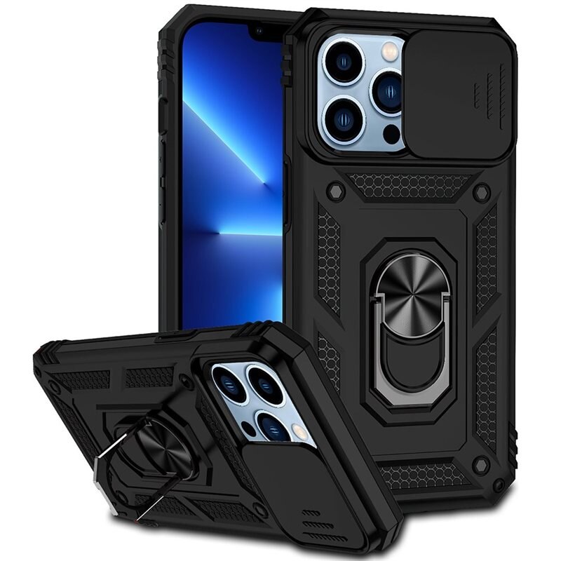 iPhone 13 Pro Hybridcase Ring + Camera Protector Zwart - Cool hoesje met gripring en cameraluikje
