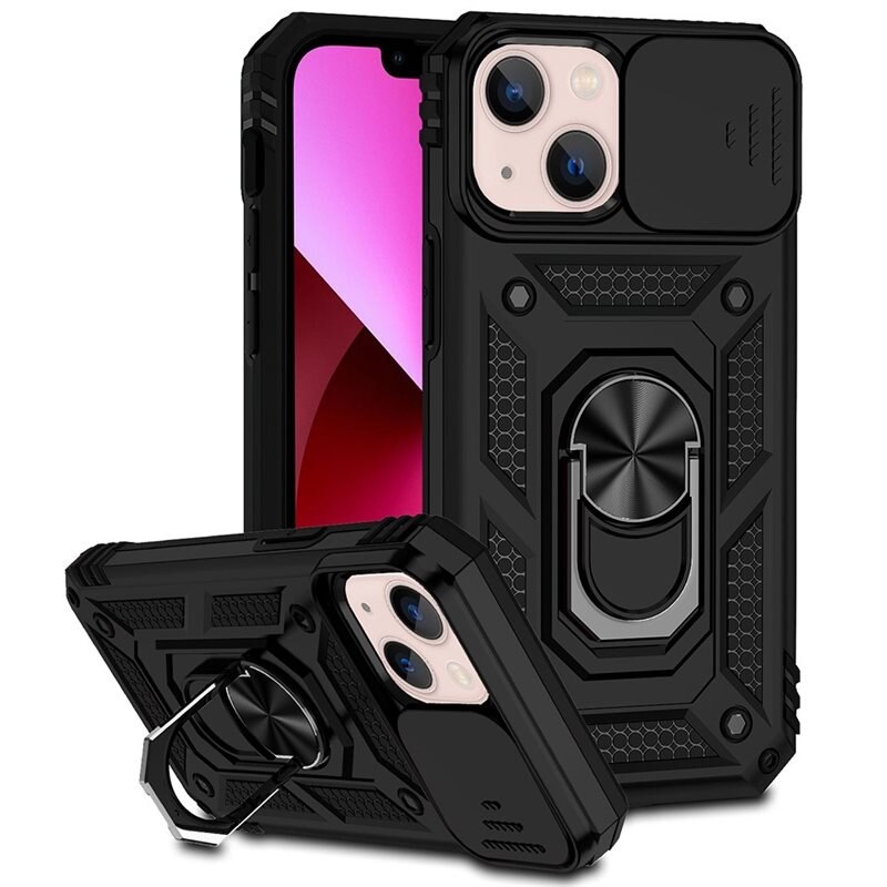 iPhone 13 Mini Hybridcase Ring + Camera Protector Zwart - Cool hoesje met gripring en cameraluikje