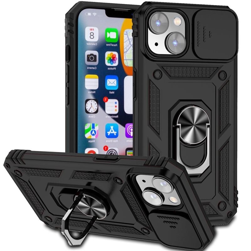 iPhone 14 Plus Hybridcase Ring + Camera Protector Zwart - Cool hoesje met gripring en cameraluikje