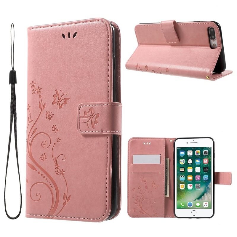 iPhone 7 Plus/iPhone 8 Plus Leren vlinderhoesje Roze - Mooi telefoonhoesje met patroontje