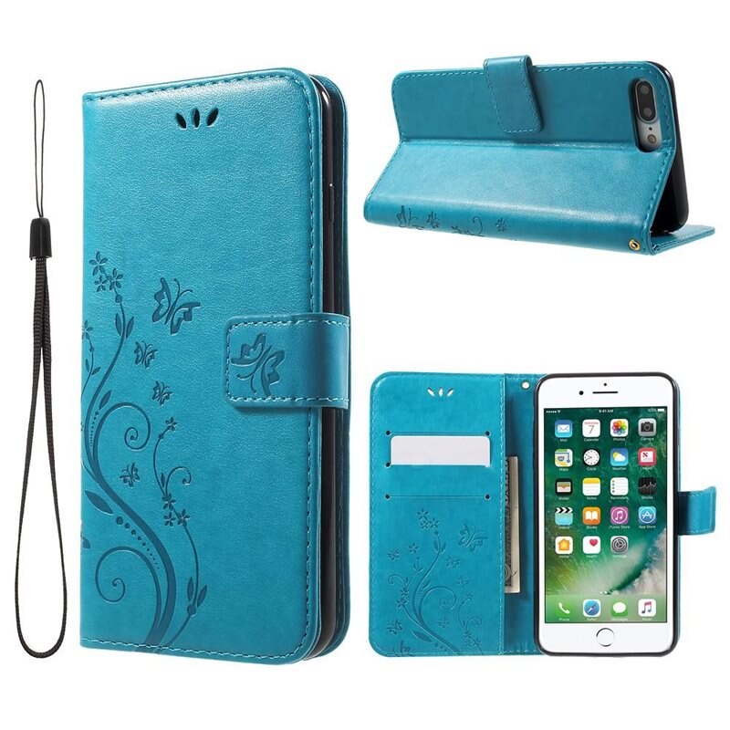 iPhone 7 Plus/iPhone 8 Plus Leren vlinderhoesje Blauw - Mooi telefoonhoesje met patroontje