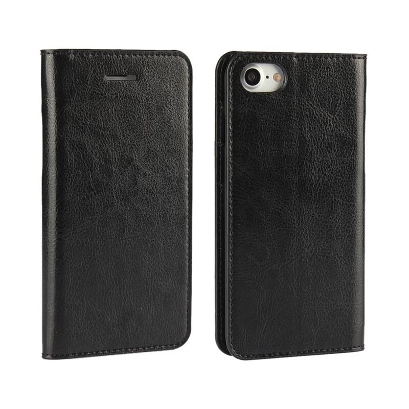 iPhone 7 Mobielhoesje Echt Leer Zwart - Dun hoesje met kaartvak en standaardfunctie