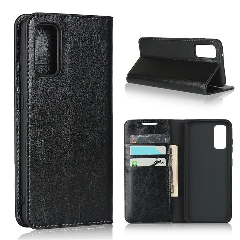 Samsung Galaxy S20 Mobielhoesje Echt Leer Zwart - Dun hoesje met kaartvak en standaardfunctie