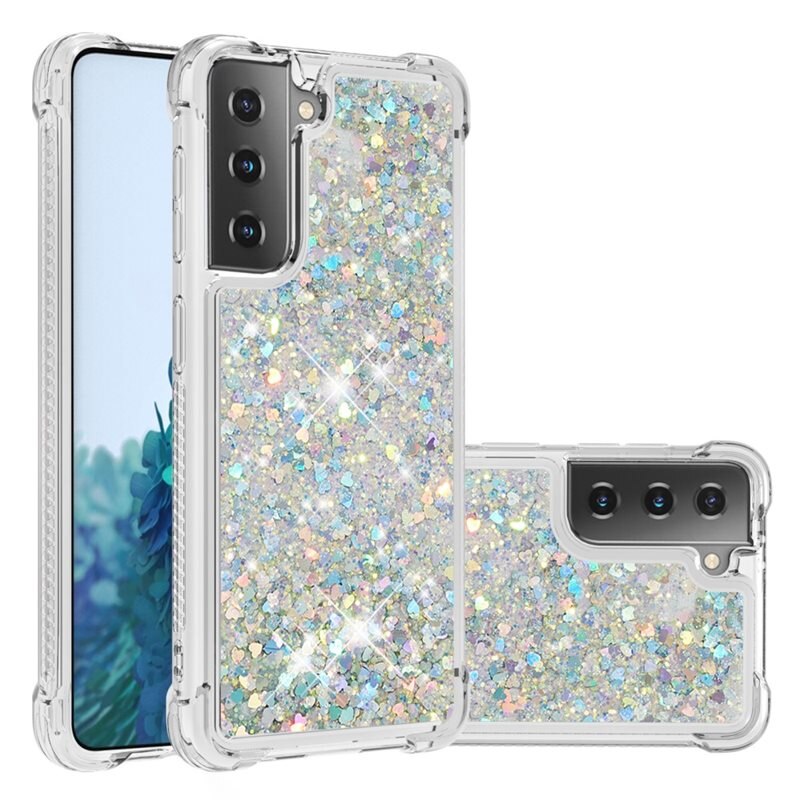Samsung Galaxy S21 Glitter Powder TPU Case Zilver - Glitterend telefoonhoesje - Hoesje met glitters - Dames - Kinderen