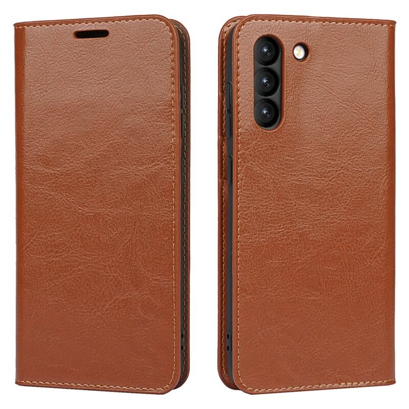 Samsung Galaxy S21 FE Mobielhoesje Echt Leer Bruin - Dun hoesje met kaartvak en standaardfunctie