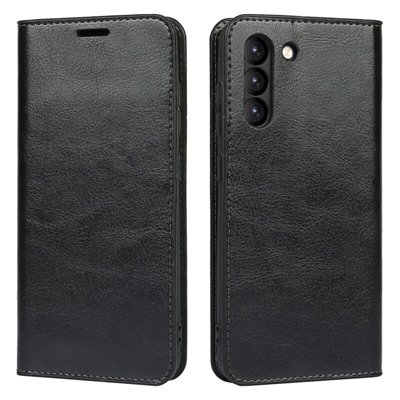 Samsung Galaxy S21 FE Mobielhoesje Echt Leer Zwart - Dun hoesje met kaartvak en standaardfunctie