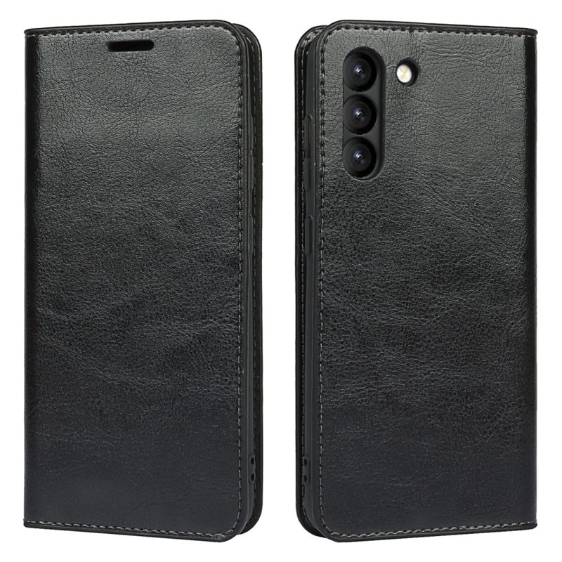 Samsung Galaxy S21 FE Mobielhoesje Echt Leer Zwart - Dun hoesje met kaartvak en standaardfunctie