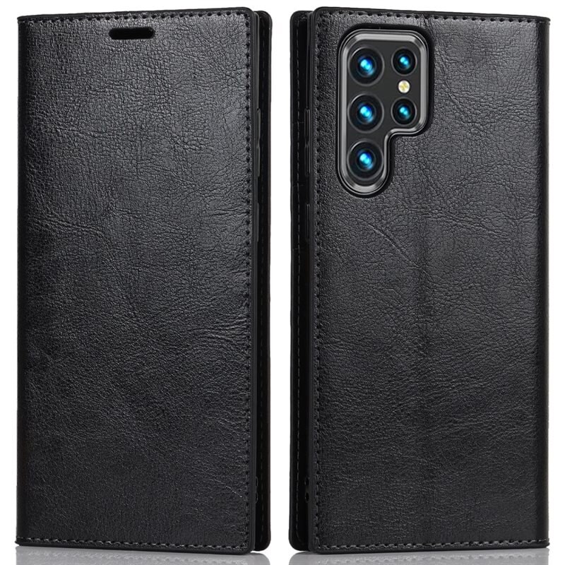 Samsung Galaxy S22 Ultra Mobielhoesje Echt Leer Zwart - Dun hoesje met kaartvak en standaardfunctie