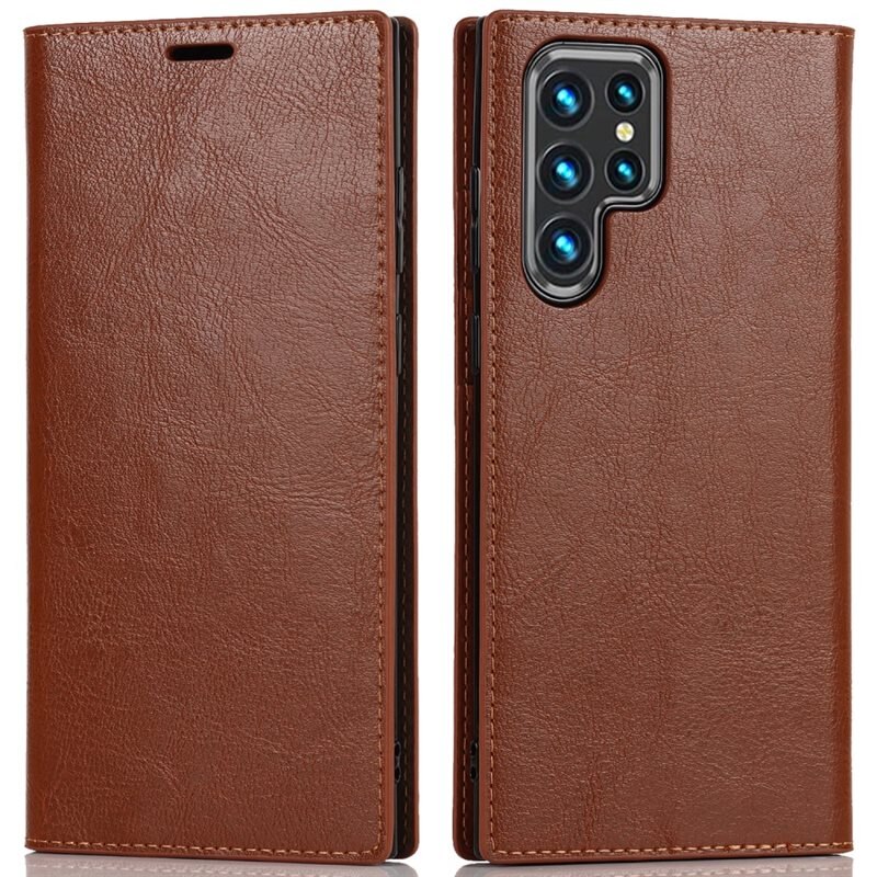 Samsung Galaxy S22 Ultra Mobielhoesje Echt Leer Bruin - Dun hoesje met kaartvak en standaardfunctie