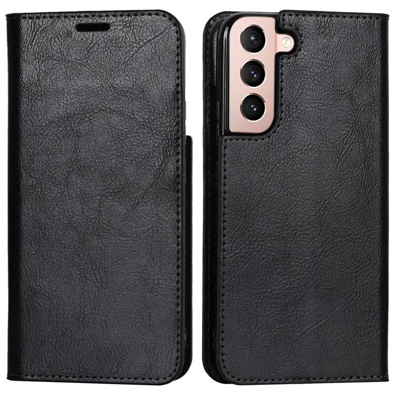Samsung Galaxy S22 Mobielhoesje Echt Leer Zwart - Dun hoesje met kaartvak en standaardfunctie