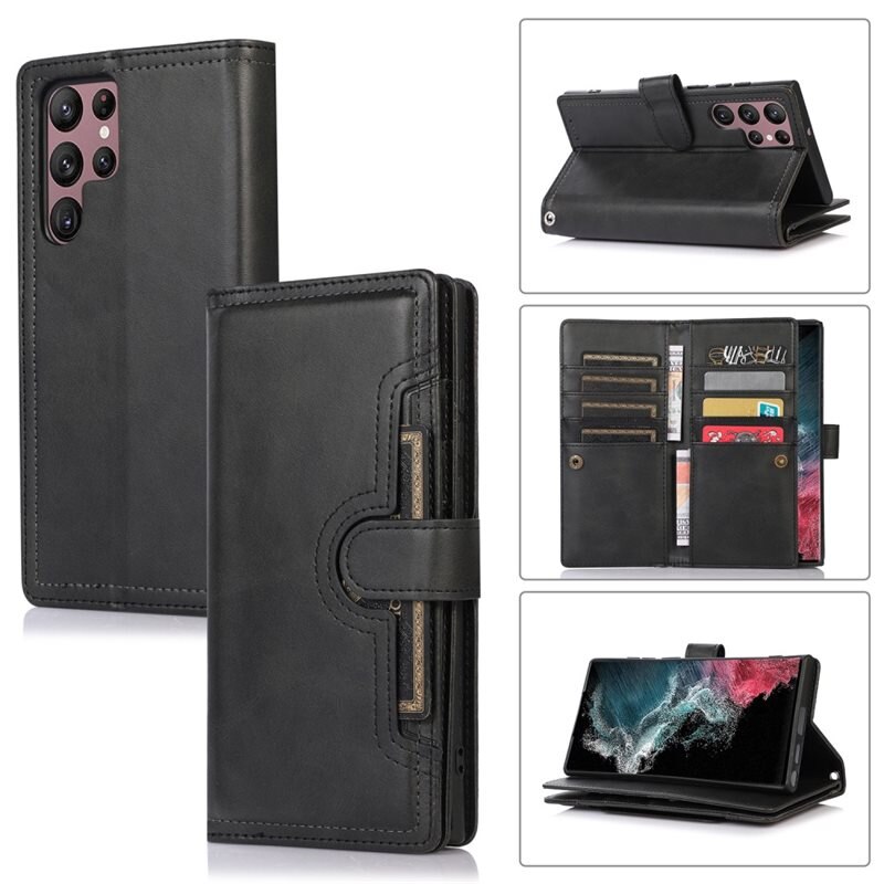 Samsung Galaxy S22 Ultra Leren Bookcover hoesje Multi-Slot Zwart - Telefoonhoesje - Boekhoesje - Pasjeshouder