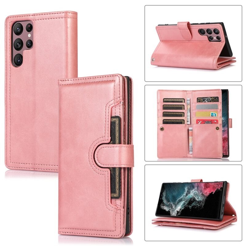 Samsung Galaxy S22 Ultra Leren Bookcover hoesje Multi-Slot Roze - Telefoonhoesje - Boekhoesje - Pasjeshouder