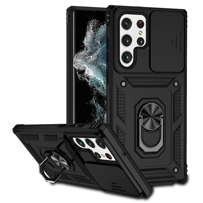 Samsung Galaxy S22 Ultra Hybridcase Ring + Camera Protector Zwart - Cool hoesje met gripring en cameraluikje