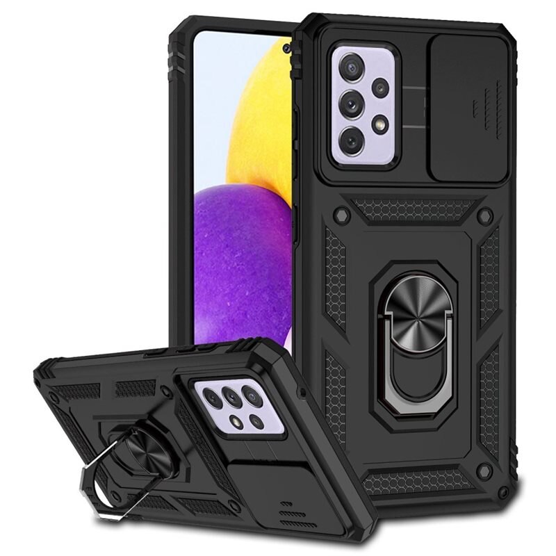 Samsung Galaxy A52 5G Hybridcase Ring + Camera Protector Zwart - Cool hoesje met gripring en cameraluikje