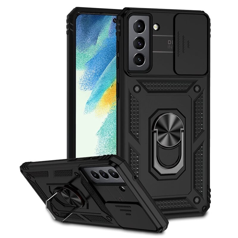 Samsung Galaxy S21 FE Hybridcase Ring + Camera Protector Zwart - Cool hoesje met gripring en cameraluikje
