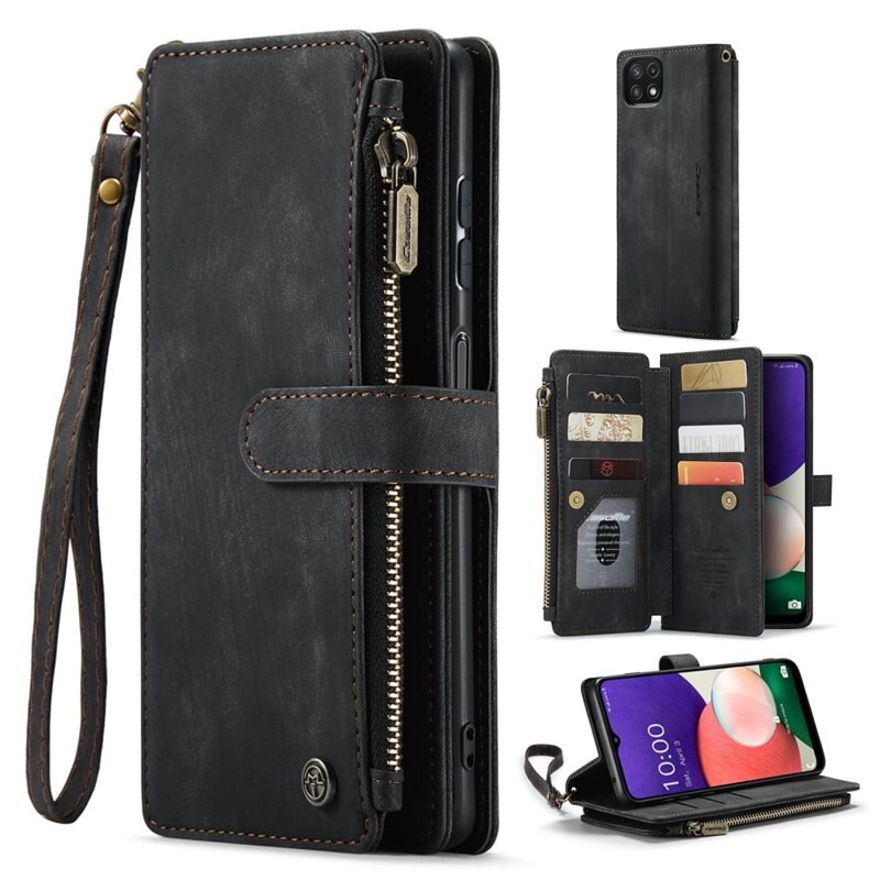 CaseMe Bookcover hoesje Rits Samsung Galaxy A22 5G Zwart - Telefoonhoesje met portemonnee - Plek voor pasjes, muntgeld en briefgeld