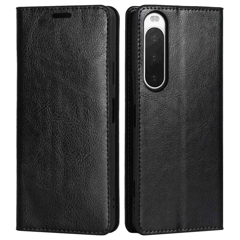 Sony Xperia 10 IV Mobielhoesje Echt Leer Zwart - Dun hoesje met kaartvak en standaardfunctie