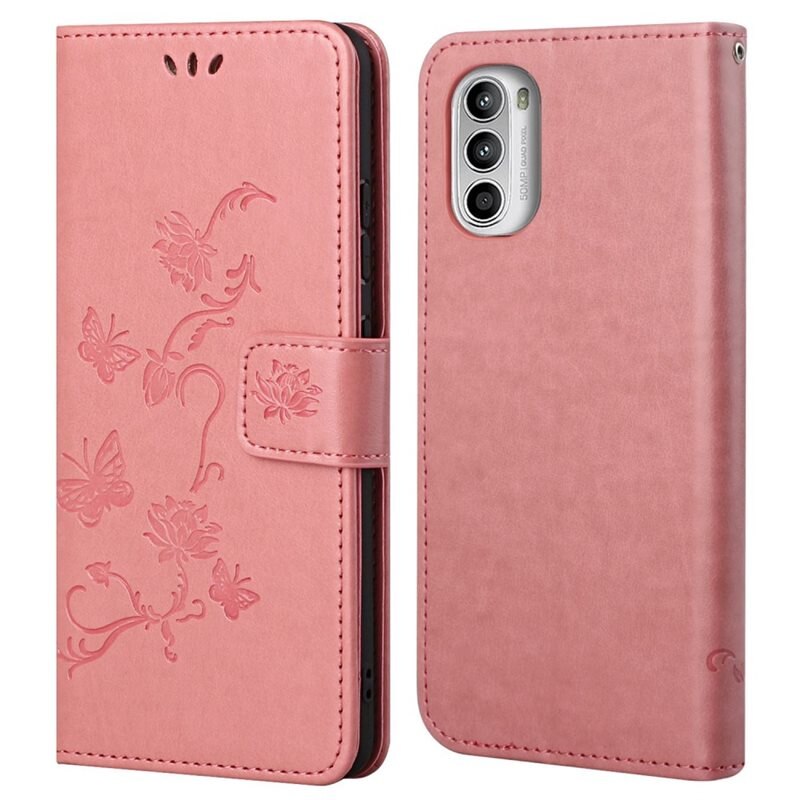 Motorola Moto G52 Leren vlinderhoesje Roze - Mooi telefoonhoesje met patroontje