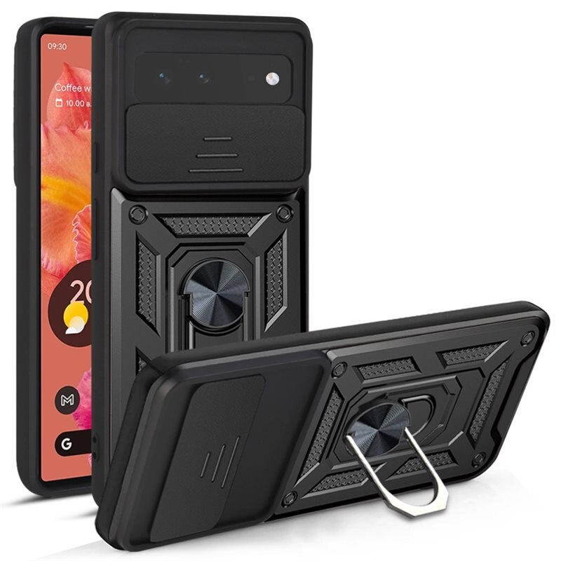 Google Pixel 6 Hybridcase Ring + Camera Protector Zwart - Cool hoesje met gripring en cameraluikje