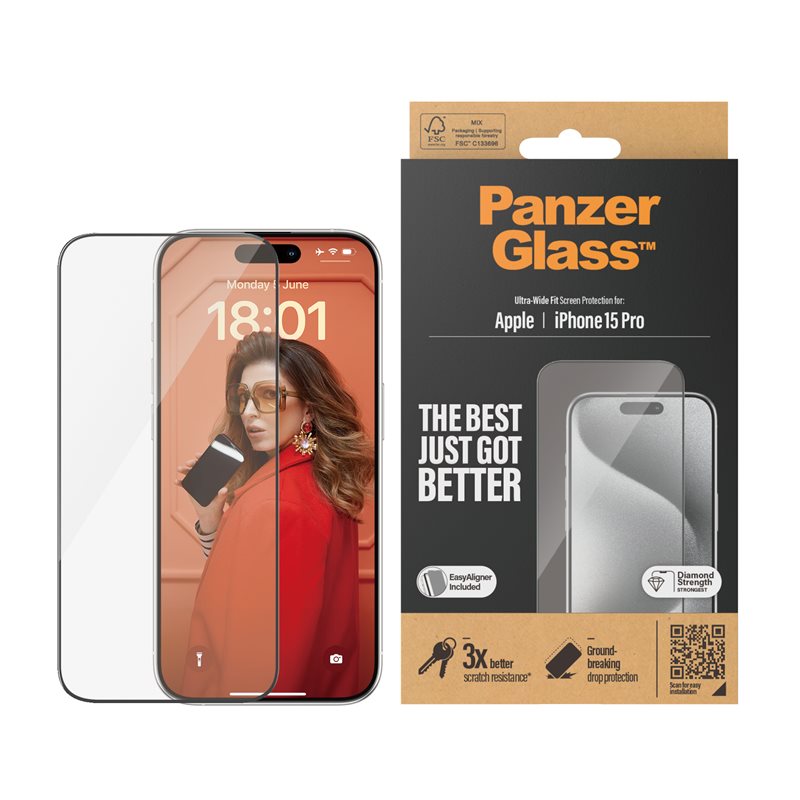 PanzerGlass iPhone 15 Pro Screen Protector (with EasyAligner) Ultra Wide Fit - Schermbeschermer met onovertroffen kwaliteit. Met installatieframe