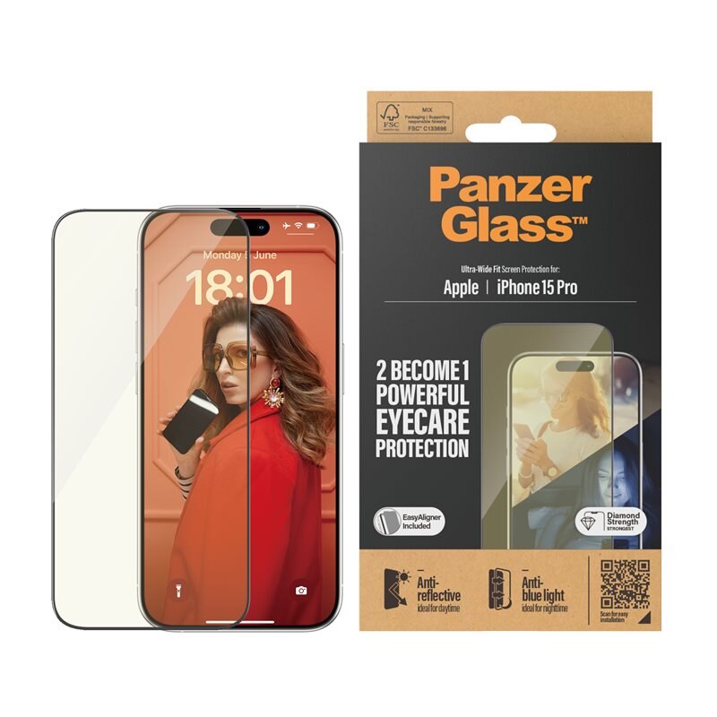 PanzerGlass iPhone 15 Pro Eyecare Screen Protector (with EasyAligner) Ultra Wide Fit