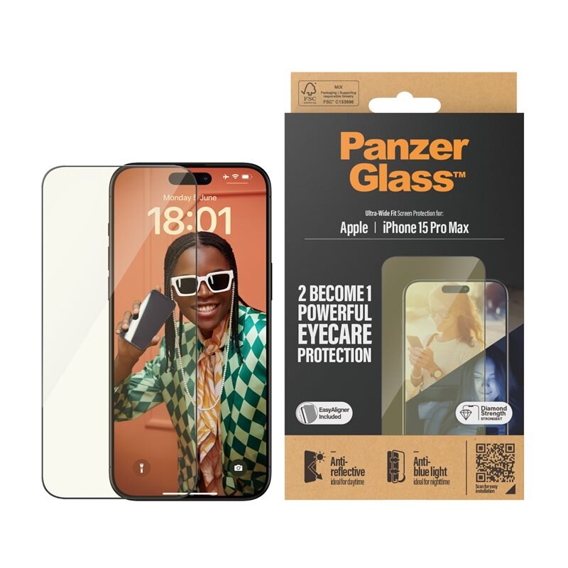 PanzerGlass iPhone 15 Pro Max Eyecare Screen Protector (with EasyAligner) Ultra Wide Fit