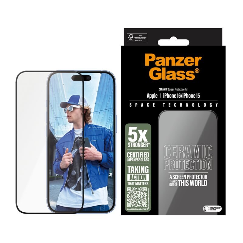 PanzerGlass iPhone 15 Ceramic Screen Protector (with EasyAligner) Ultra Wide Fit