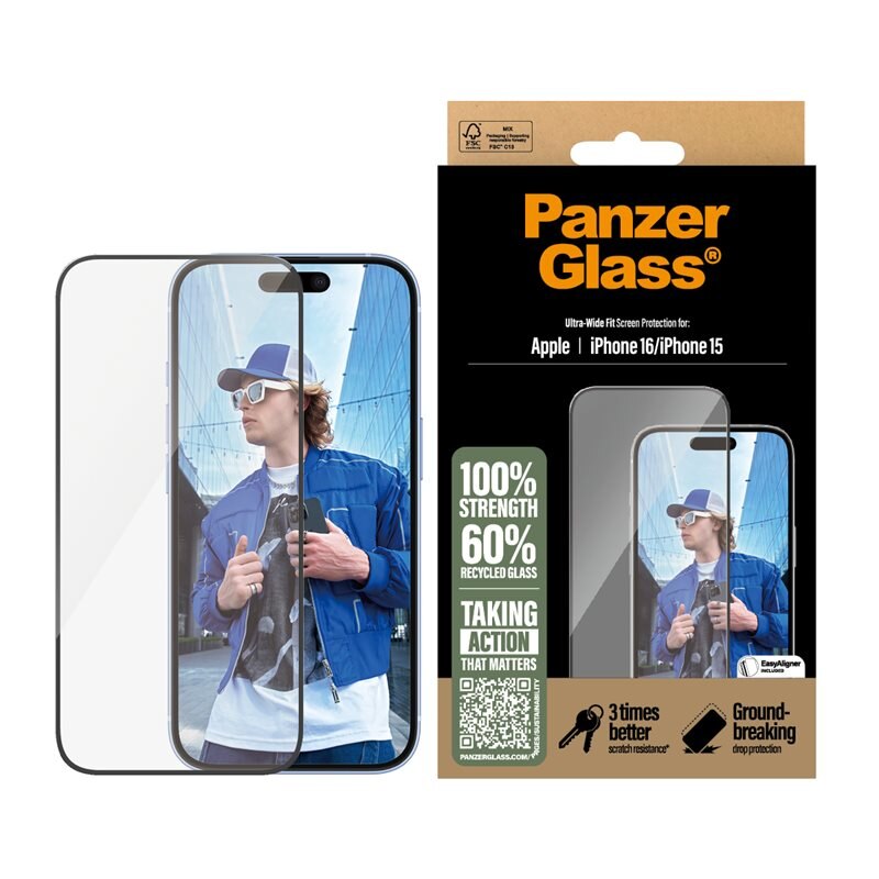 PanzerGlass iPhone 16 Screen Protector (with EasyAligner) Ultra Wide Fit - Schermbeschermer met onovertroffen kwaliteit. Met installatieframe