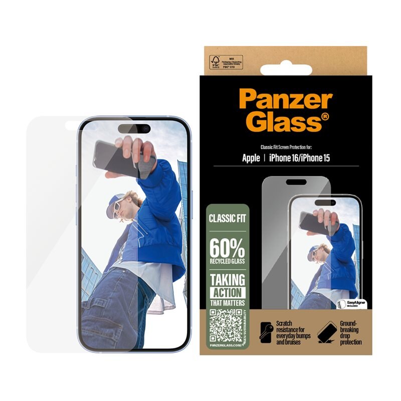 PanzerGlass iPhone 16 Screen Protector (with EasyAligner) Classic Fit