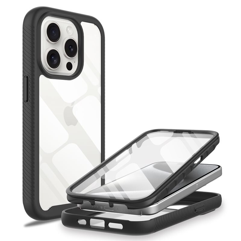 Mobique iPhone 15 Pro Full Protection Hoesje Zwart - Volledig dekkend hoesje met gehard glazen schermbescherming