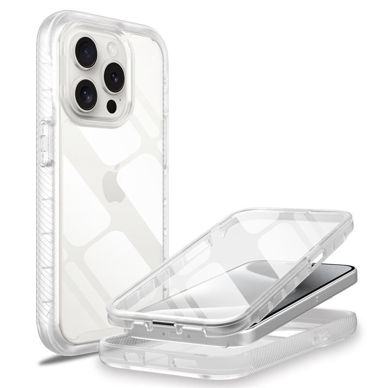 Mobique iPhone 15 Pro Max Full Protection Hoesje Transparant - Volledig dekkend hoesje met gehard glazen schermbescherming
